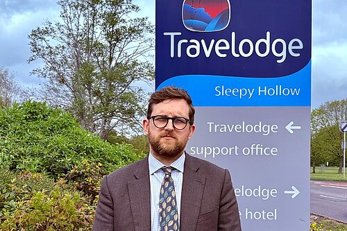 Freddie outside Travelodge HQ in Thame