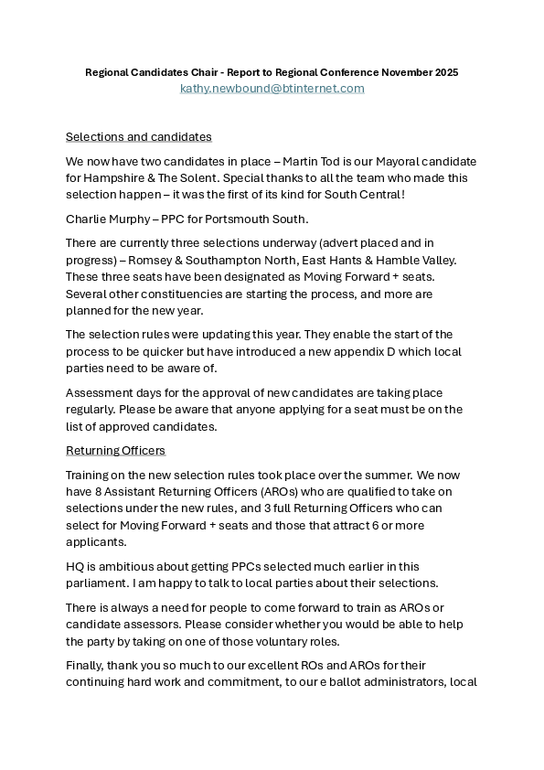 Regional Candidates Chair's Report