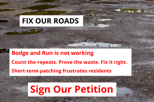 Road with potholes and campaign wording over