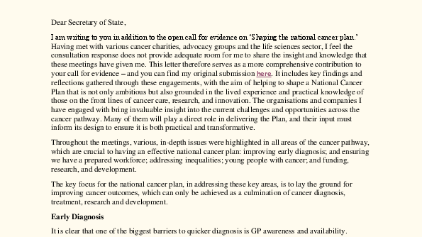 A lengthy letter written by Clive Jones and addressed to Wes Streeting detailing the need for a National Cancer Plan.